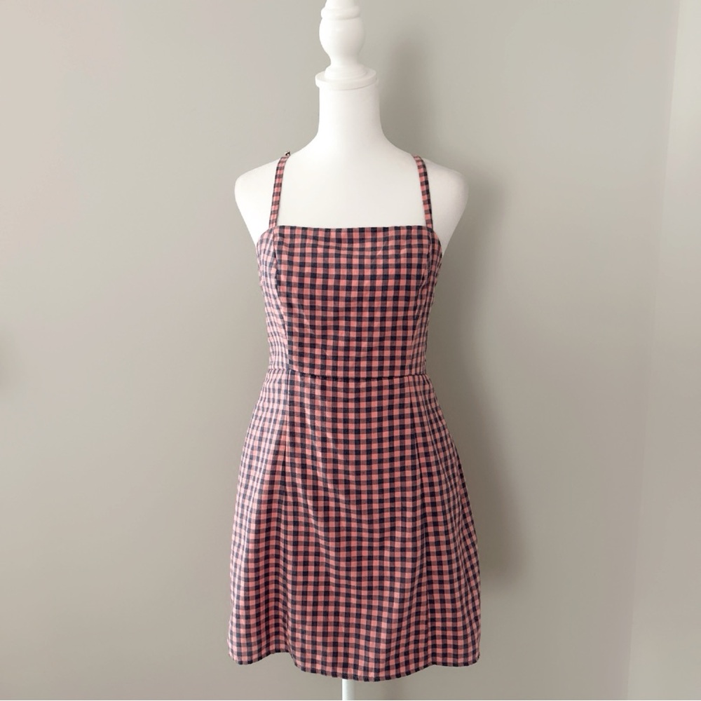 Crystal Doll Gingham Red & Navy Mini Dress Square Neck Strappy Fit & Flare - SM